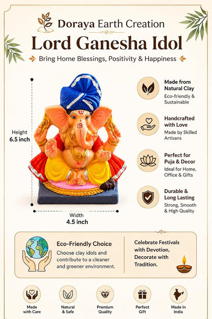 DORAYA EARTH CREATION Clay Ganpati Murti Handmade Eco-Friendly Multicolour Ganesh Idol for Home Temple, Ghar Pooja, Ganesh Chaturthi Decoration, Office Desk & Festive Gift | 6.5 Inch (Blue)