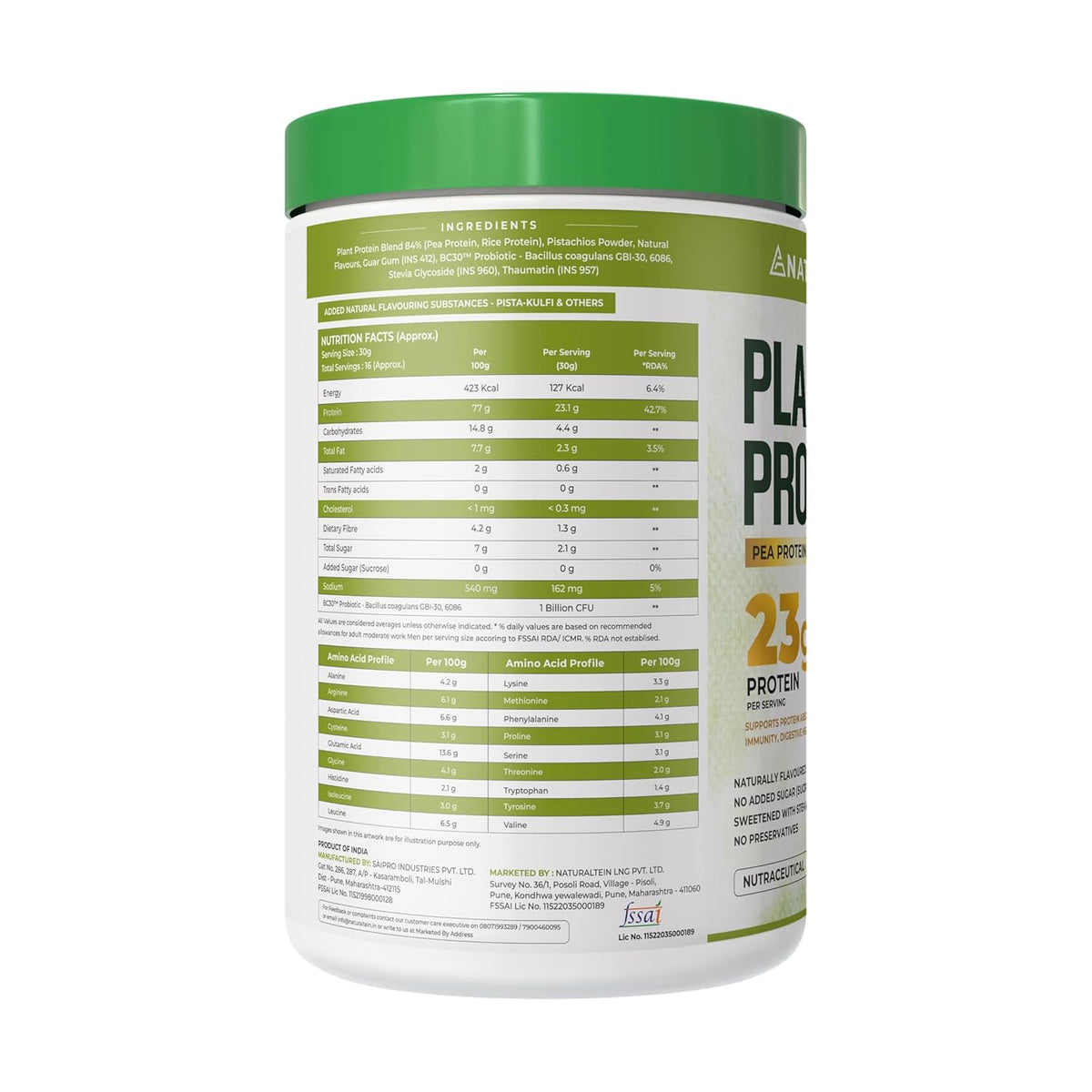 Protein powder container with green lid and label on a white background