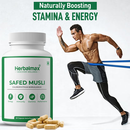 Herbalmax Safed Musli 800mg | With Shilajit, Ashwagandha & Gokshura | Natural Energy, Immunity Boost, Stamina & Stress Relief | Enhances Performance & Body Strength for Men & Women – 60 Veg Capsules