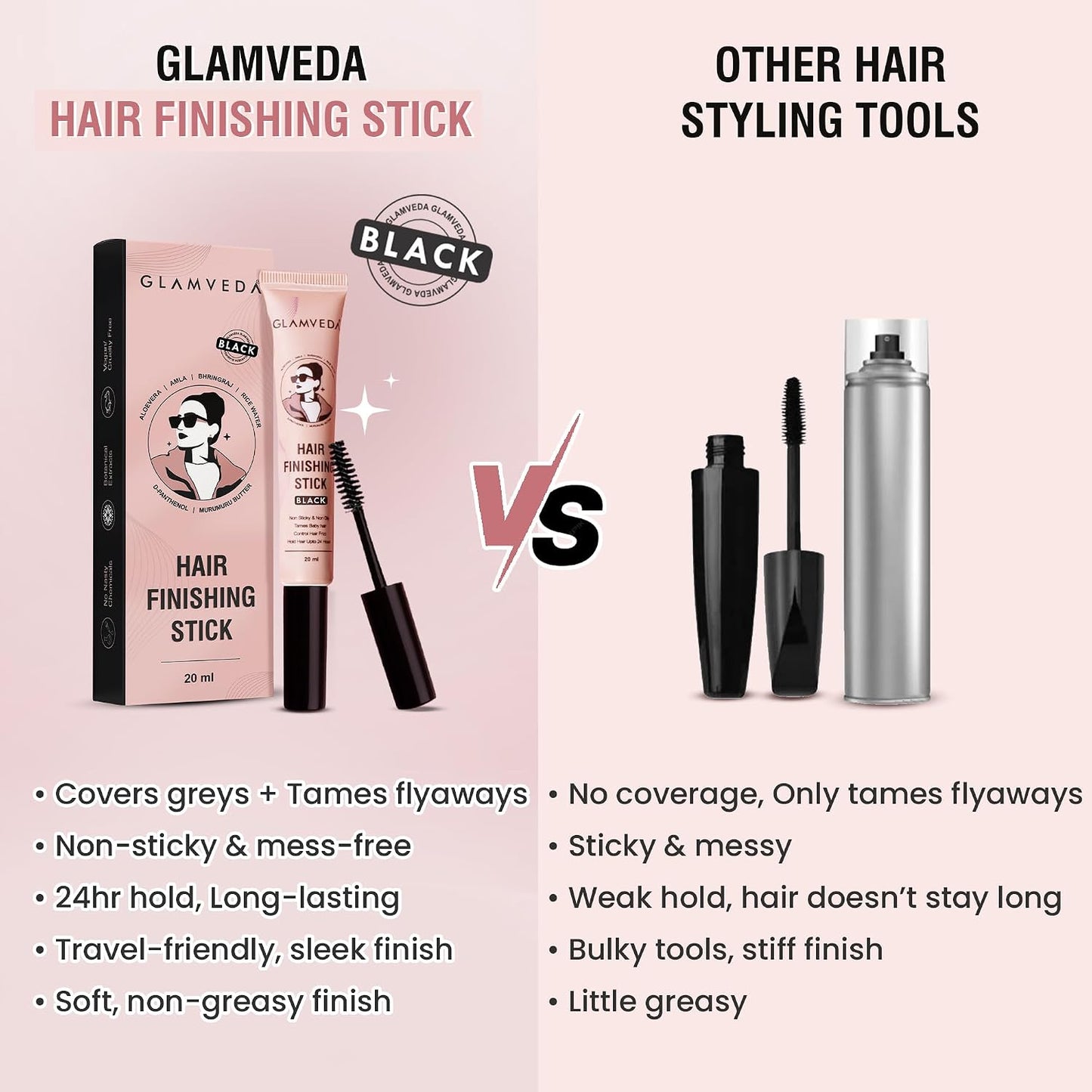 GLAMVEDA Black Hair Finishing Stick for Frizzy Hair | Anti-Frizz Hair Fix Stick for Flyaways & Baby Hair | Non-Sticky & Non-Greasy Formula | Long-Lasting Hold with Rice Water | 20ml