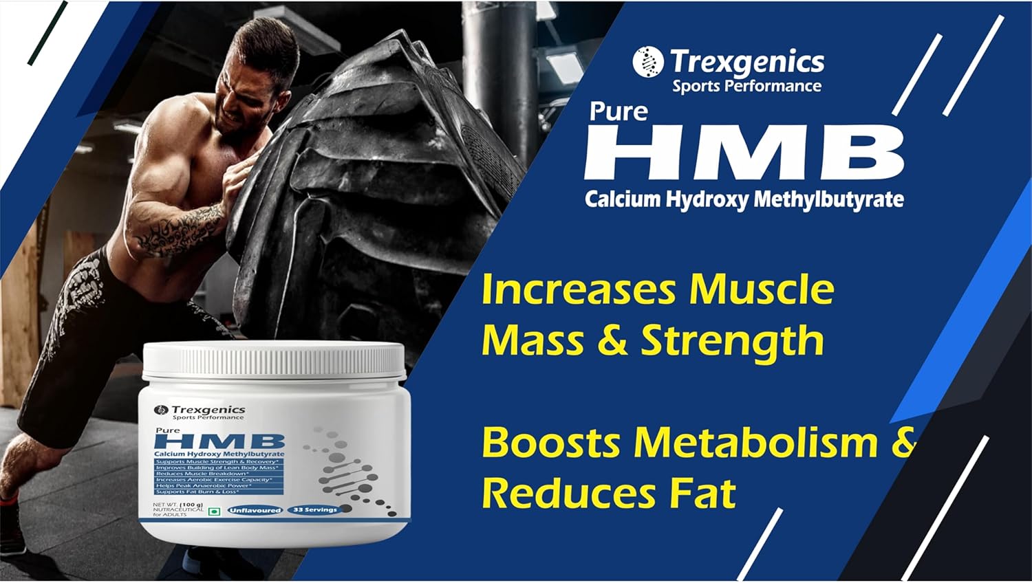 Trexegenics HMB supplement container with promotional text on a blue and white background
