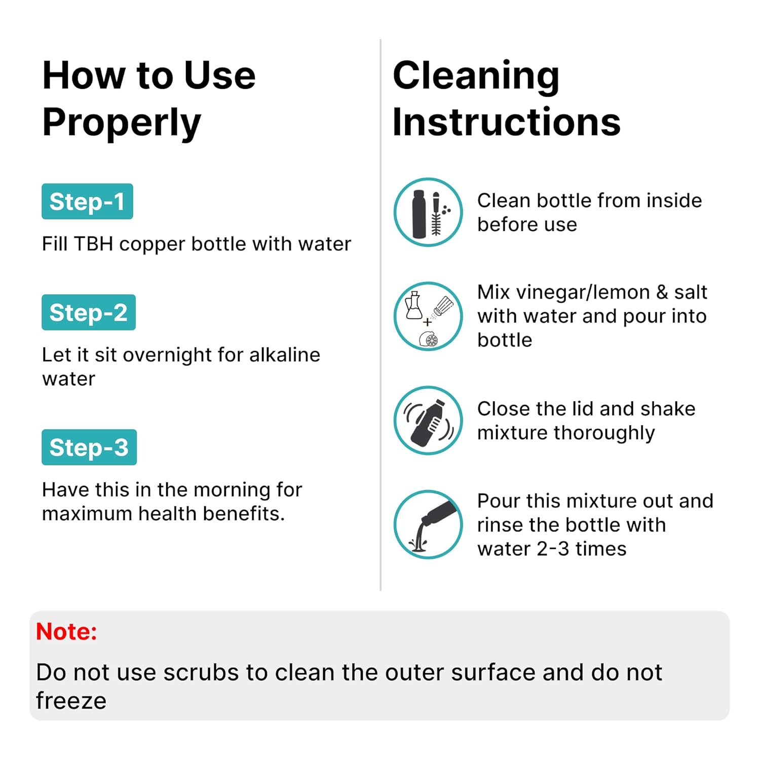 Instructions on how to use and clean a TBH copper bottle.
