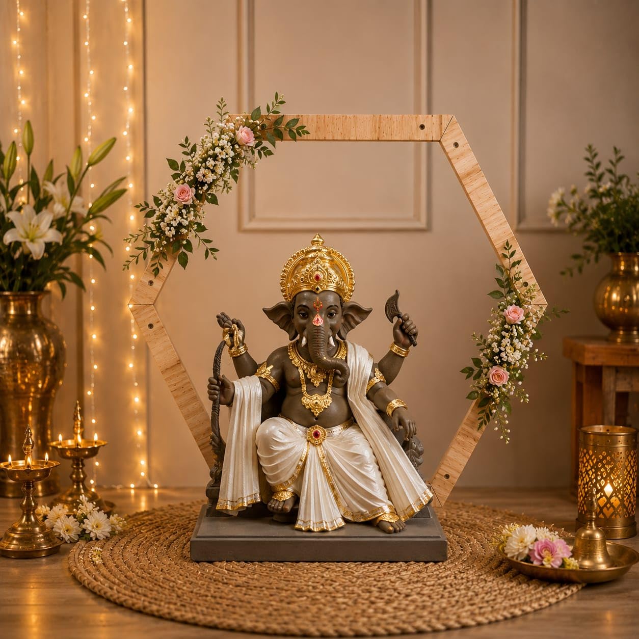 SATYAM KRAFT 1 Piece Foldable Hexagon Shape Wooden Makhar Mandap | Wooden Pooja Backdrop Stand for DIY Pandal & Temple | Ganpati Decoration Setup for Ganesh Chaturthi & Idol Pooja Decor, Festival