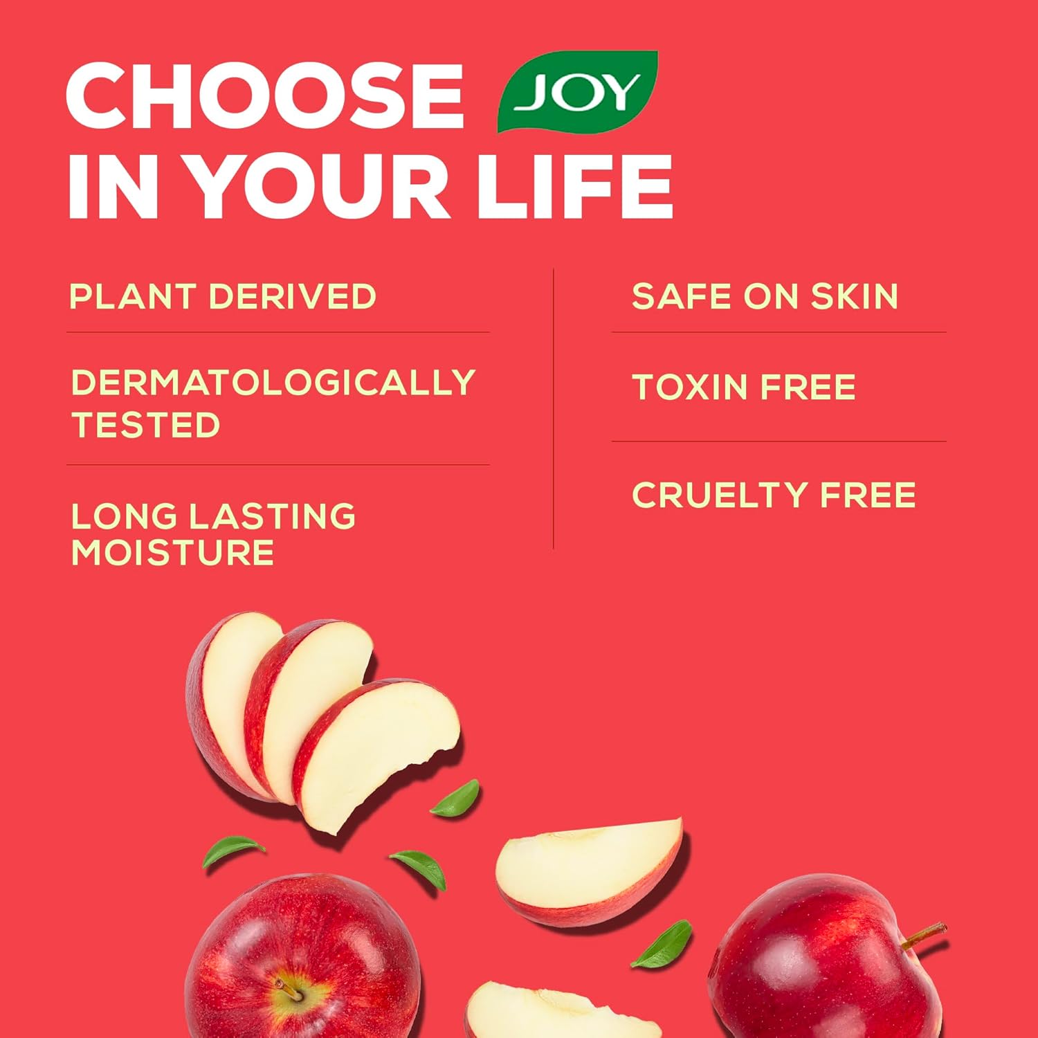 Advertisement for a product with apple slices and 'JOY' branding on a red background