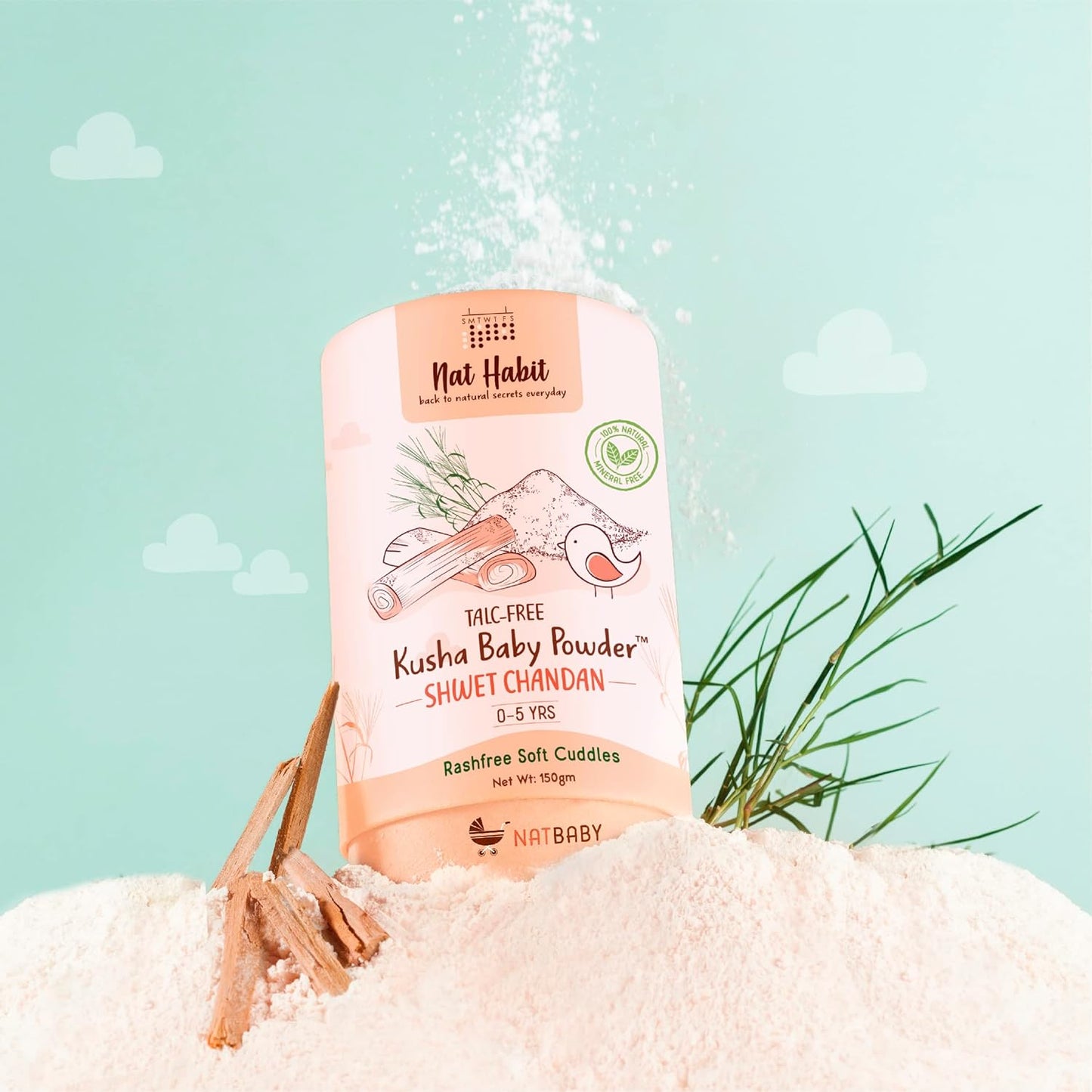 Nat Habit Shwet Chandan Kusha Baby Powder | Talc-Free, Rash-Free Dusting Powder for Newborns & Kids (0 to 5 Yrs) | Cornstarch Baby Powder for Summer, Face & Body | Ayurvedic Baby Puff Powder 150g