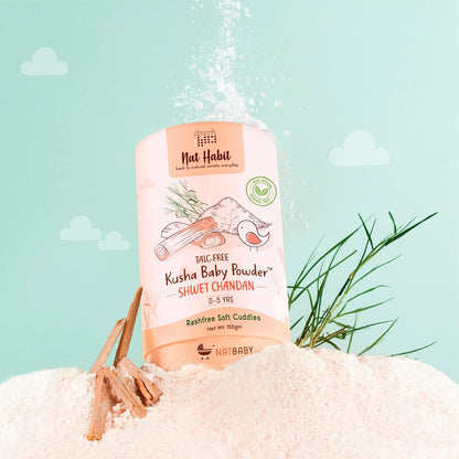Nat Habit Shwet Chandan Kusha Baby Powder | Talc-Free, Rash-Free Dusting Powder for Newborns & Kids (0 to 5 Yrs) | Cornstarch Baby Powder for Summer, Face & Body | Ayurvedic Baby Puff Powder 150g