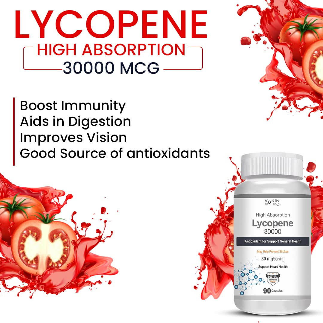 Lycopene supplement bottle with tomato graphics and product details on a white background