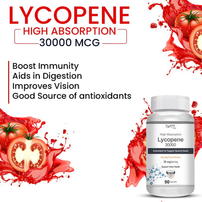 Lycopene supplement bottle with tomato graphics and product details on a white background