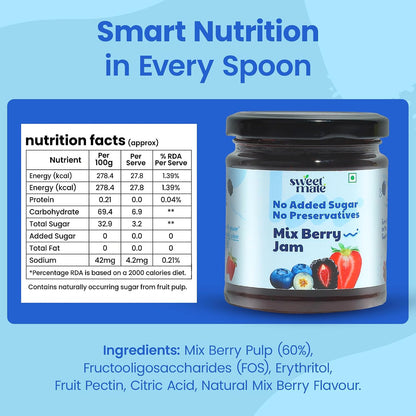 Sweetmate Mix Berry Jam - 220g | No Added Sugar | 100% Pure Fruit Pulp & Healthy Fiber | No Preservatives, Colors & Artificial Flavors | Diabetic & Keto Friendly Jam