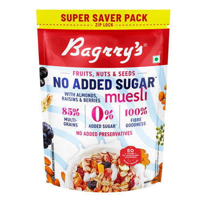 Bagrry’s No Added Sugar Muesli with Fruits, Nuts & Seeds – 700g | High Fibre & Protein | 0% Added Sugar, No Corn Flakes | Whole Grain Breakfast Cereal with Almonds, Raisins, Pumpkin Seeds & Berries