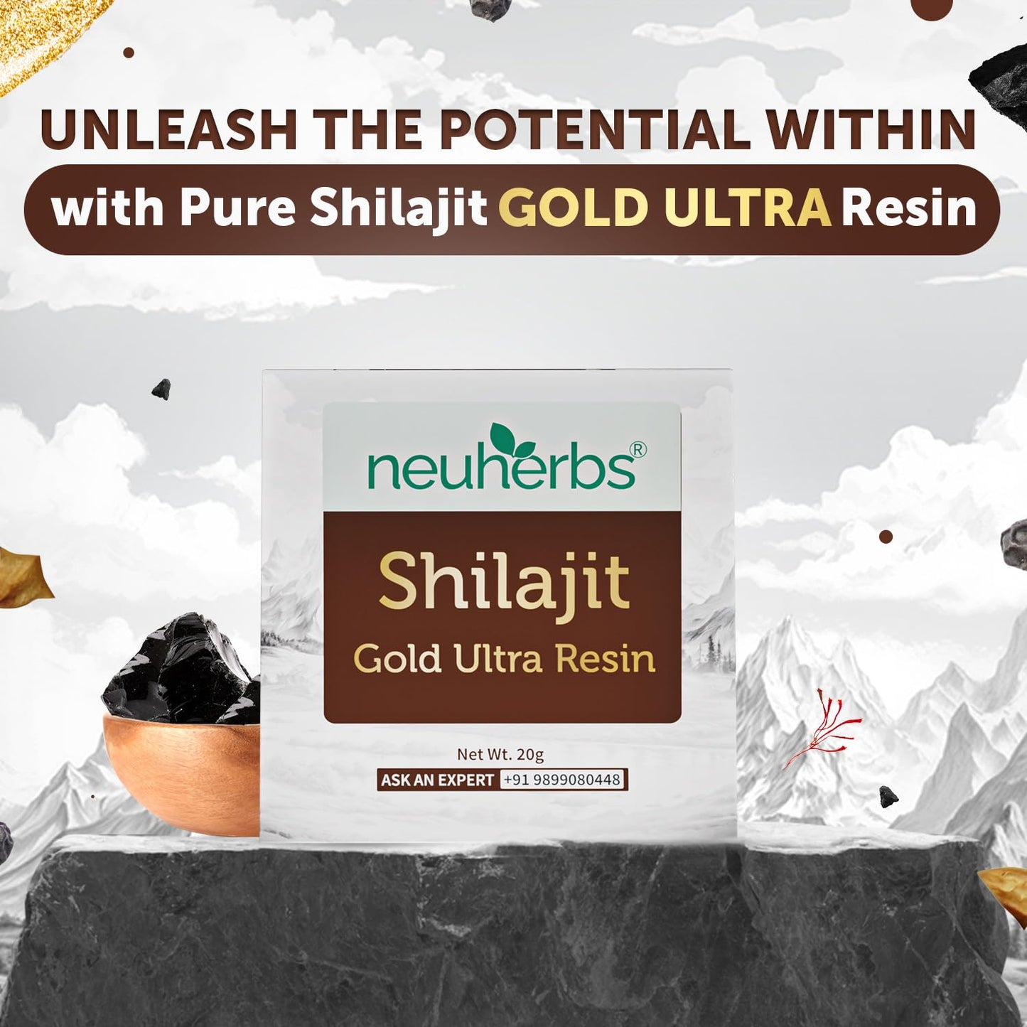 Neuherbs Shilajit Gold Ultra Resin - 20g | Gold Shilajeet Supplement With Ashwagandha, Gokshura, Saffron, Swarna bhasma & Trikatu | Boost Energy, Stamina & Strength | Lab Tested For Heavy Metal