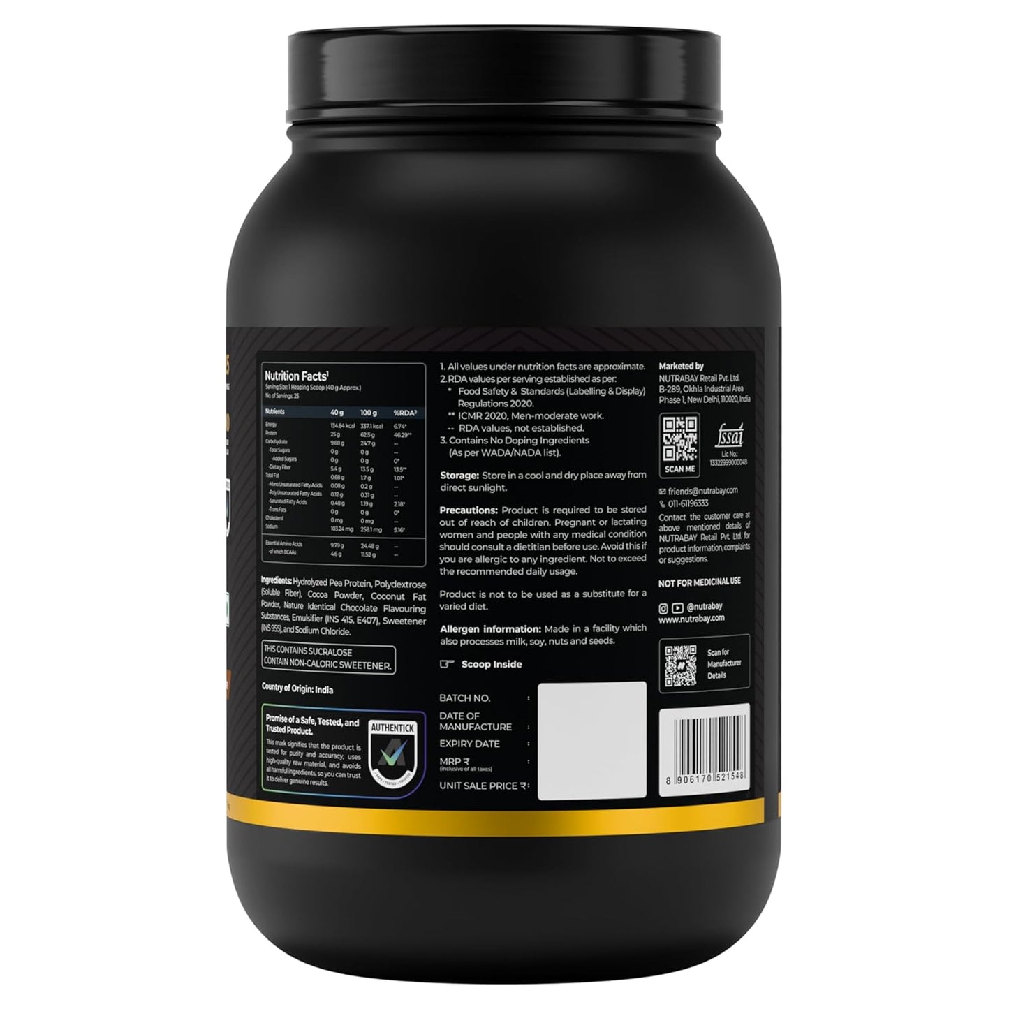 Black protein powder container with a detailed label on a white background