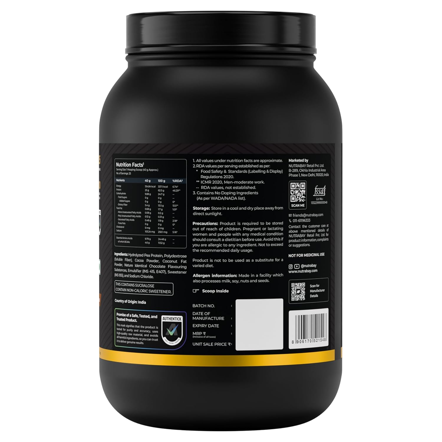 Black protein powder container with a detailed label on a white background