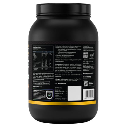 Black protein powder container with a detailed label on a white background