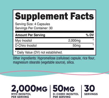 Supplement facts label with Myo Inositol and D-Chiro Inositol on a teal background