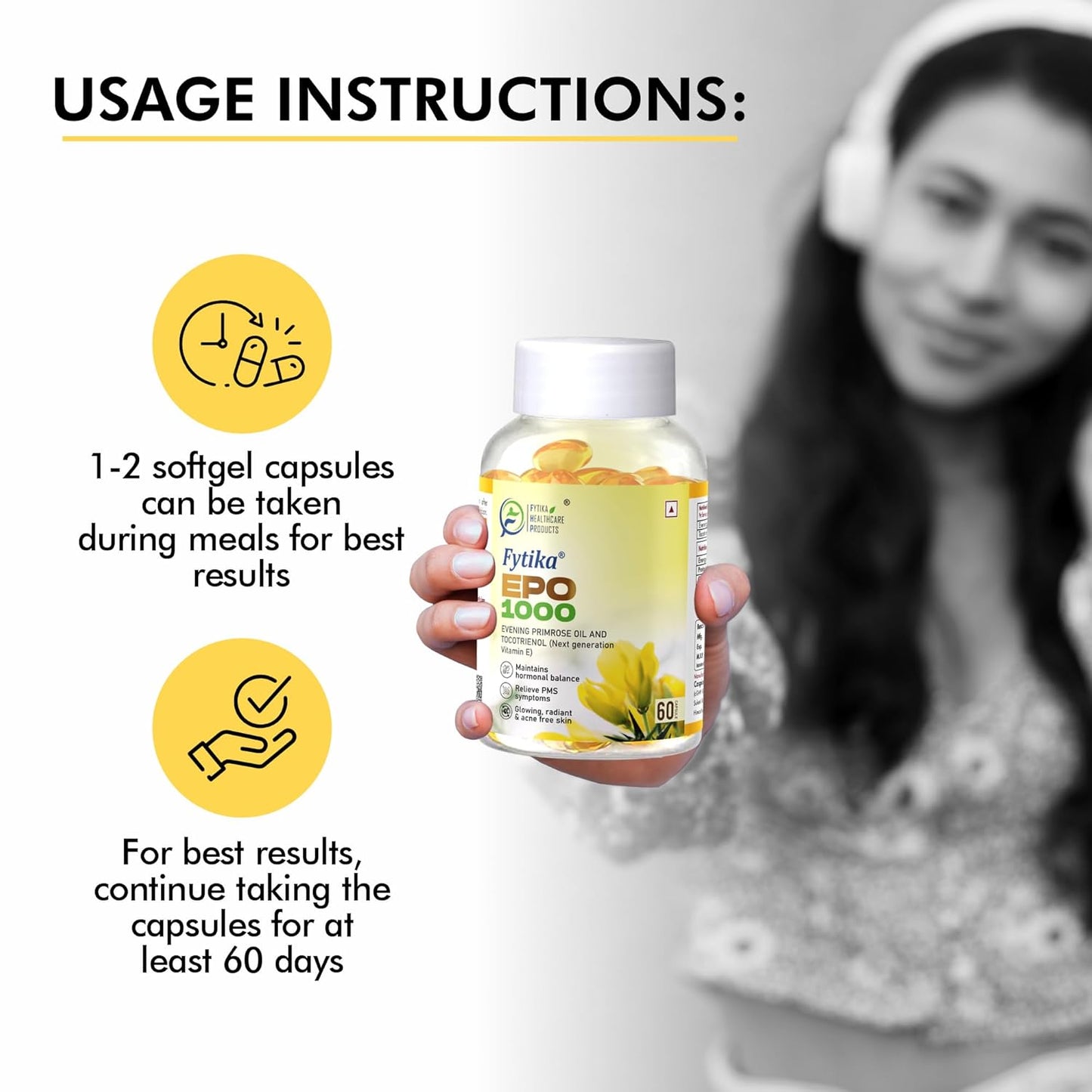 Fytika Epo 1000 Evening Primrose Oil and Tocotrienol Capsules | For Healthy and Acne free Skin | Supports Hormonal Balance in Women | Helpful in PMS & Menopause | Natural Oil Extract 60 Softgels Capsules