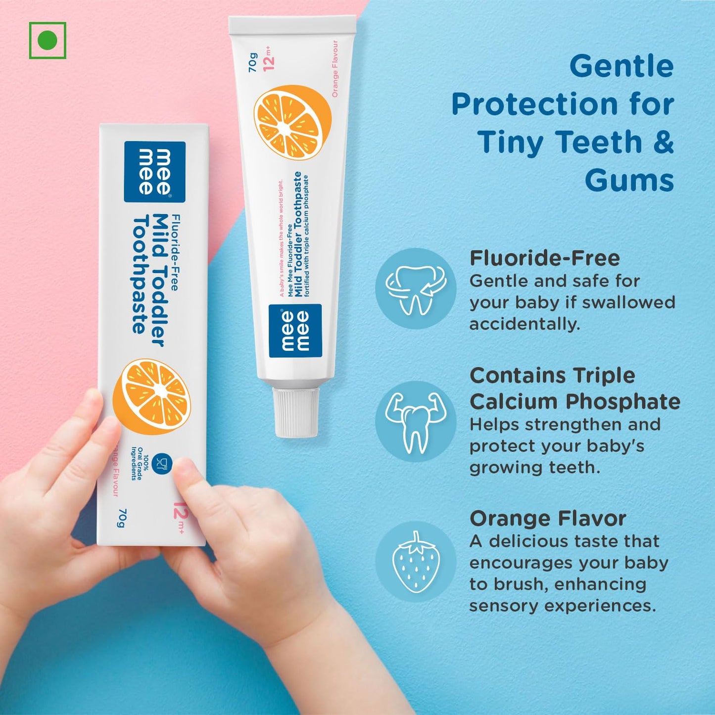 Mee Mee Fluoride-Free Baby Tooth paste for Kids & Toddler 70 gram Fortified with Triple Calcium Phosphate, Cavity Protection, Oral Care, Best for Baby 1-5 years (Orange, Pack of 1)