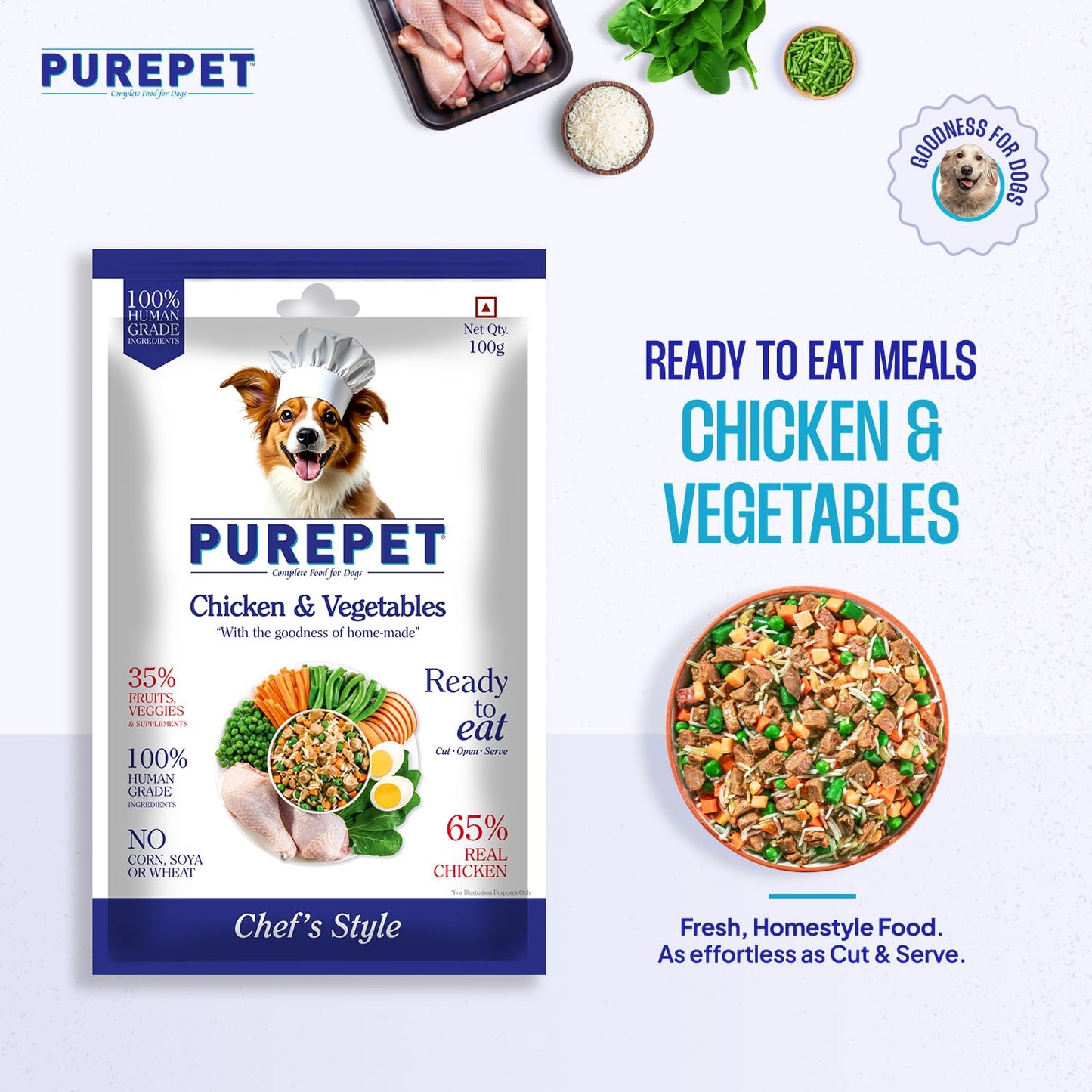 Purepet Fresh Dog Food Chicken & Vegetables, for Adult & Puppy, 100gm | High Protein, 65% Real Chicken, 35% Fruits & Veggies |No Preservatives | Ready to Serve | All Breeds | One Pack One Meal