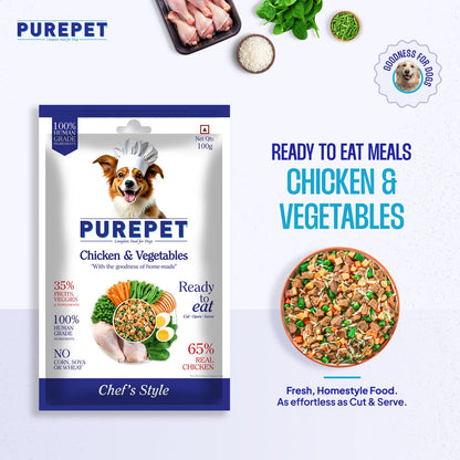 Purepet Fresh Dog Food Chicken & Vegetables, for Adult & Puppy, 100gm | High Protein, 65% Real Chicken, 35% Fruits & Veggies |No Preservatives | Ready to Serve | All Breeds | One Pack One Meal