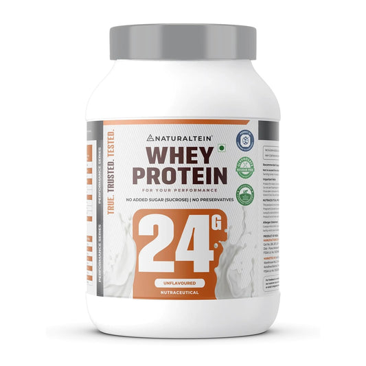Container of Naturaltein whey protein powder on a white background