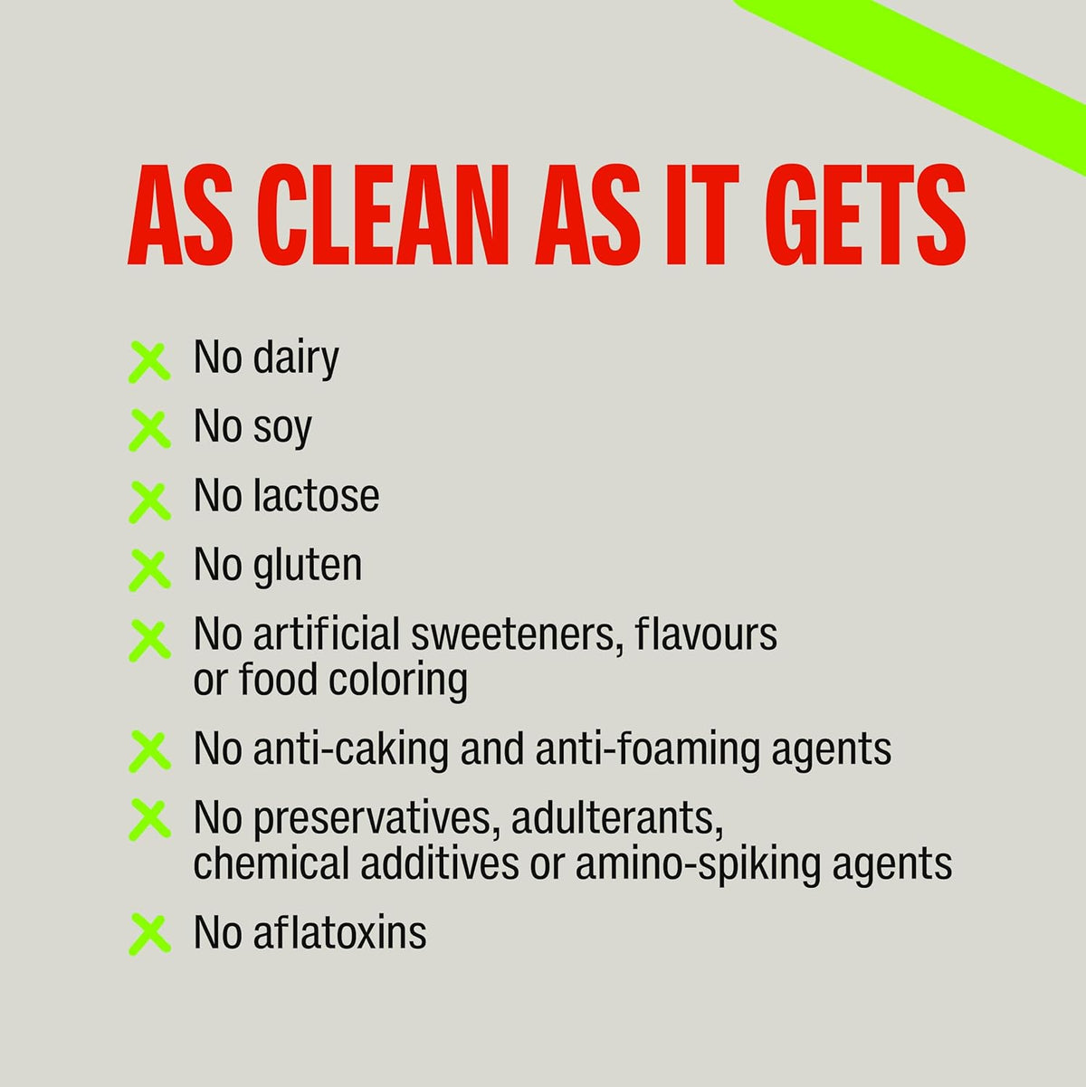 Text list detailing allergen-free and additive-free product attributes on a gray background with green accents.