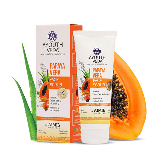 Ayouthveda Papaya Vera Face Scrub with Walnut, Green Tea & Vitamin E | Gently Exfoliates, Unclogs Pores & Brightens Skin | Suitable for Dry to Normal Skin Types| 100g