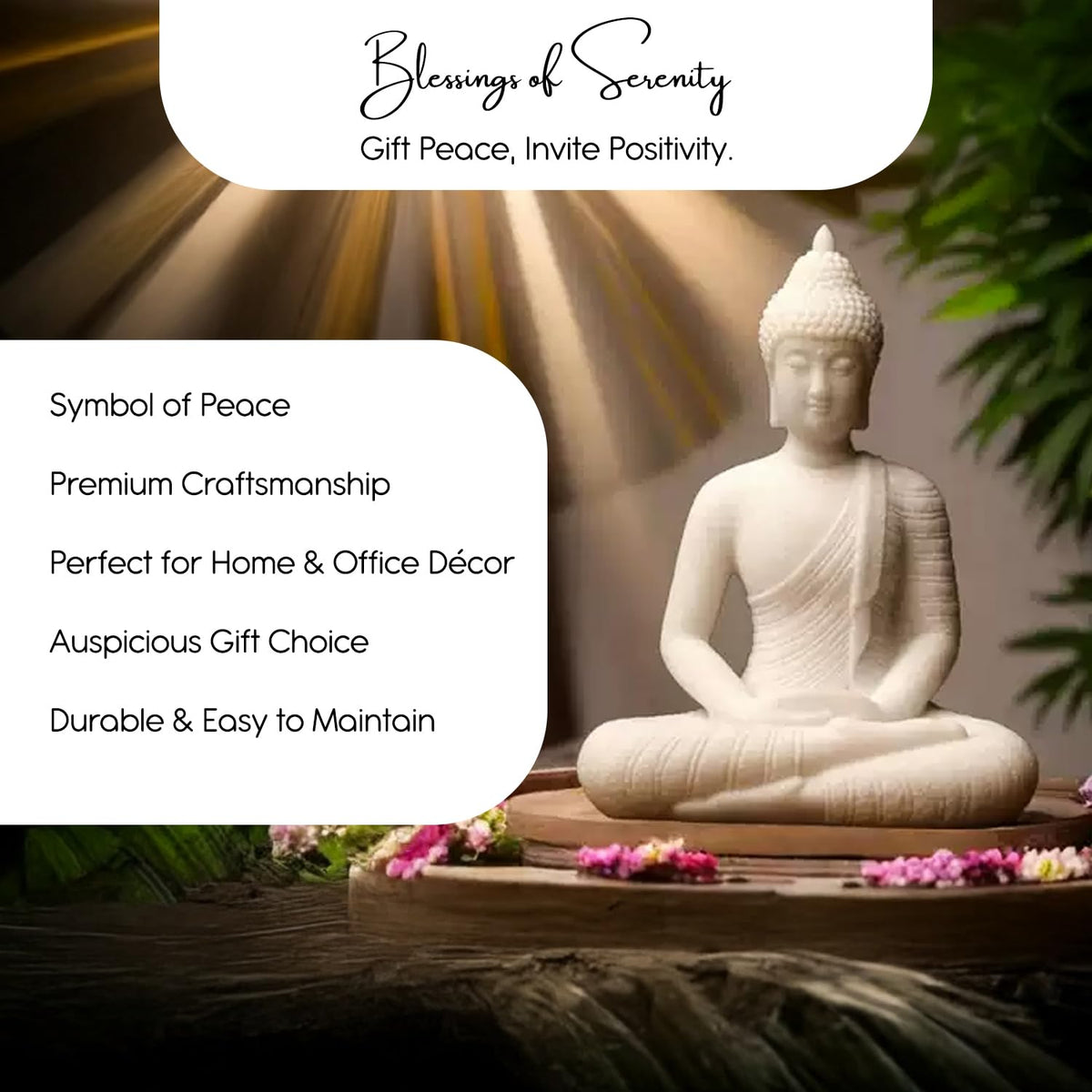 Nostrae White Buddha Show Pieces for Home Decor Living Room Decor Items | Cute Showpieces Gift Item for Decoration | Serene Center Table Tv Showcase Office Interior Statue Figurines