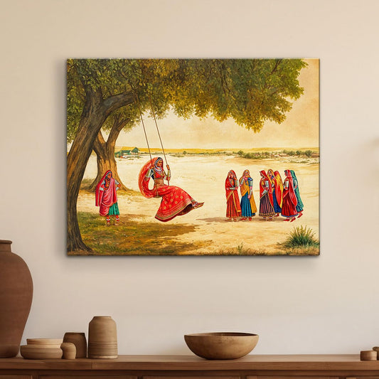 Women on Swing Indian Village Scene Nature Wall Art Painting, Wall Decor For Living Room, Multicolor, Nature, 58.0 X 45.0 cm, Set of 1