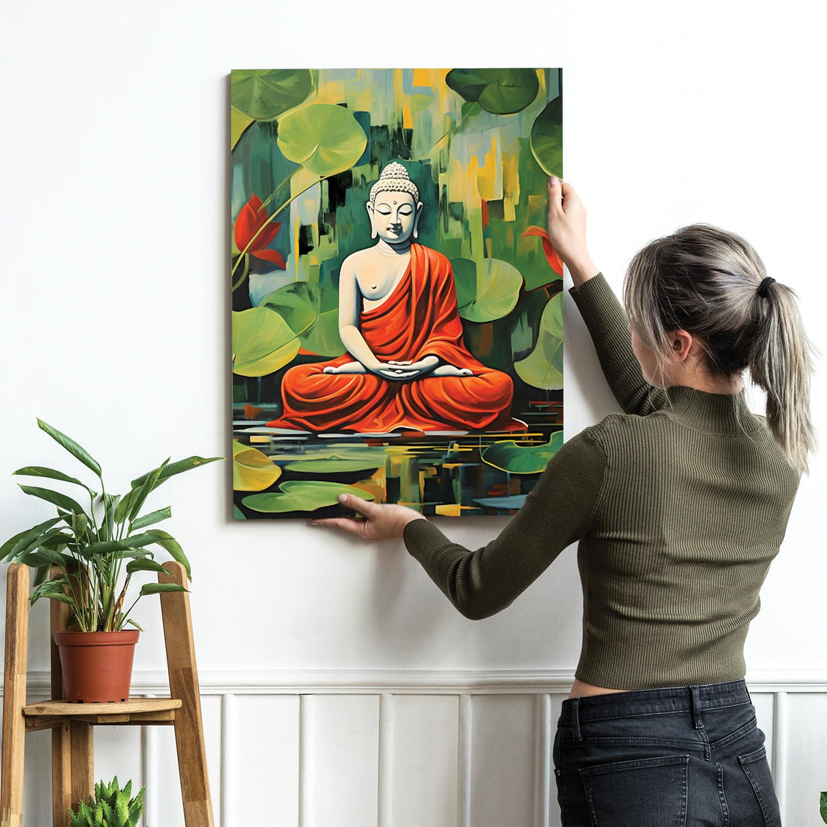 Buddha Painting for Living Room, Buddha Lotus Leaves Painting for living room, Bedroom, office and Meditation Room, Canvas, 16x22 Inch