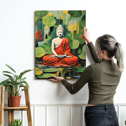 Buddha Painting for Living Room, Buddha Lotus Leaves Painting for living room, Bedroom, office and Meditation Room, Canvas, 16x22 Inch