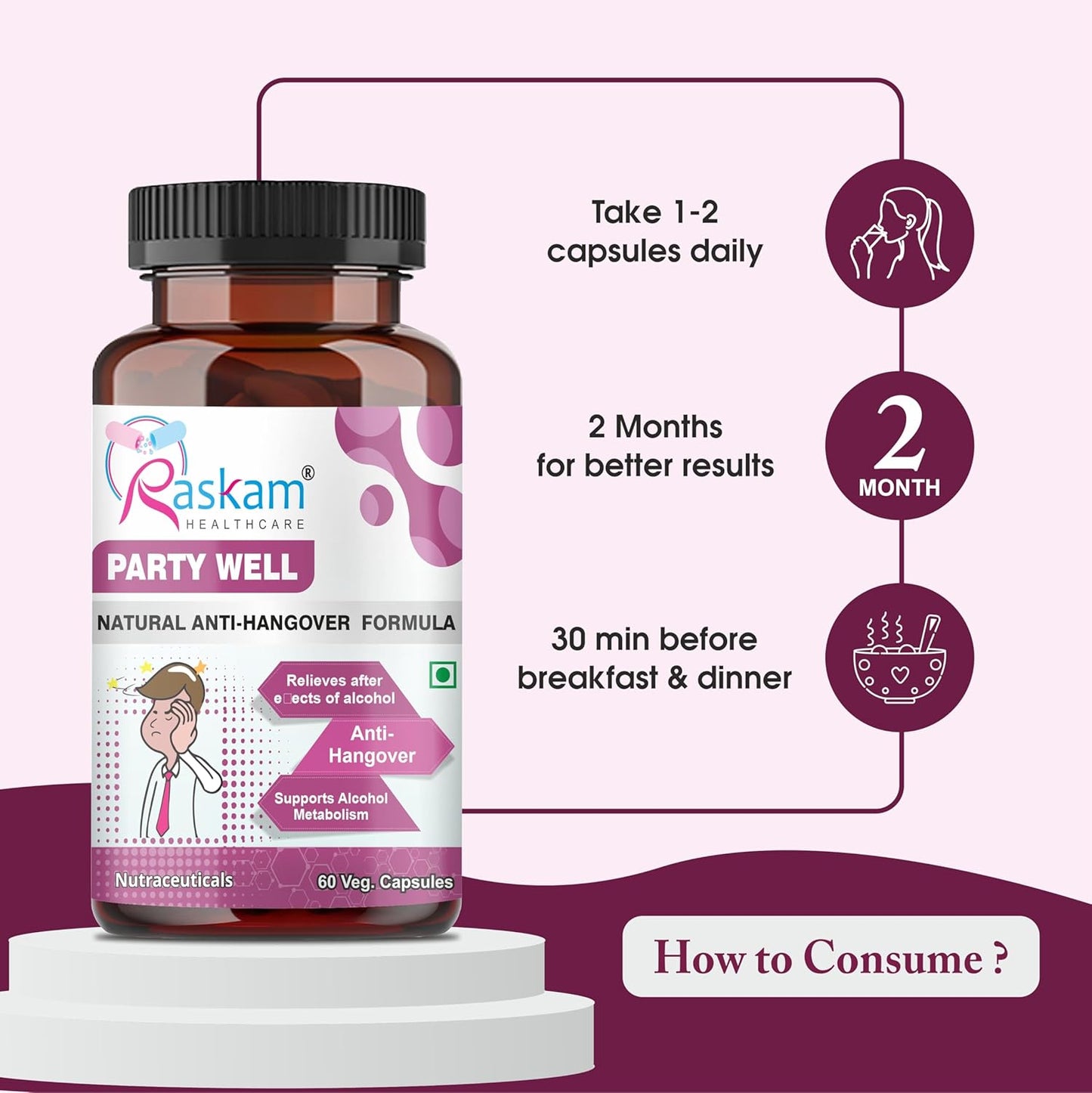Raskam Party Well supplement bottle with usage instructions on a white background