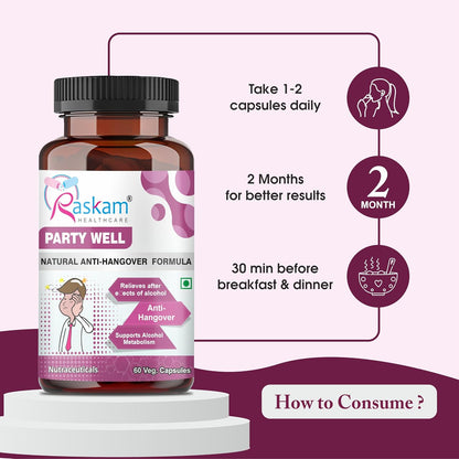 Raskam Party Well supplement bottle with usage instructions on a white background