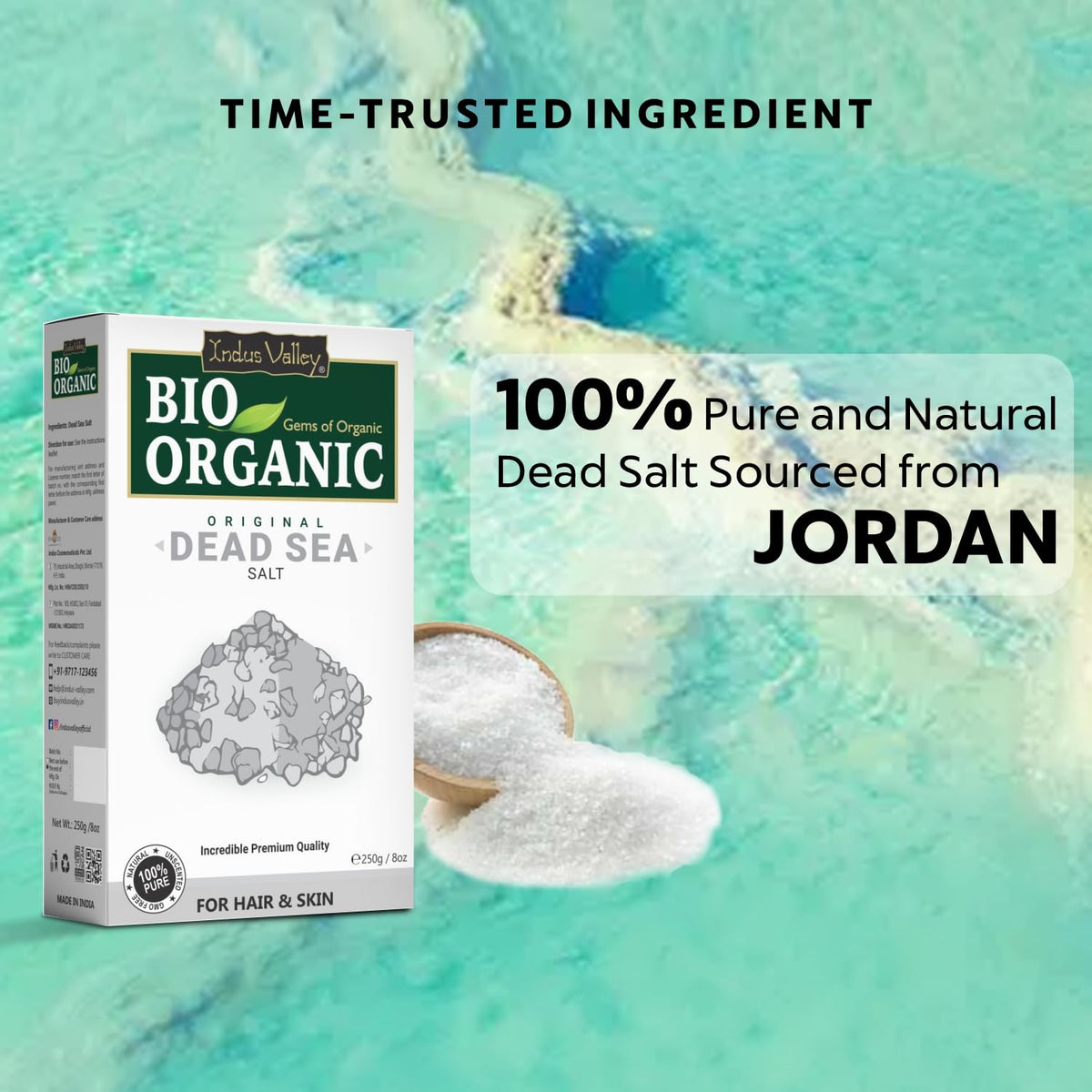 Bio Organic Dead Sea Salt packaging with text about purity and origin on a scenic background