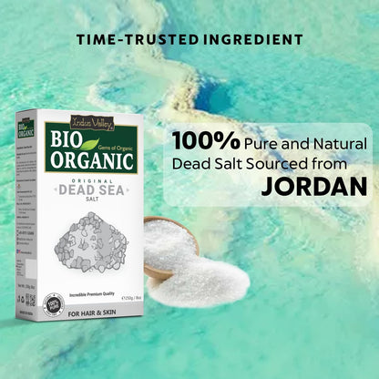 Bio Organic Dead Sea Salt packaging with text about purity and origin on a scenic background
