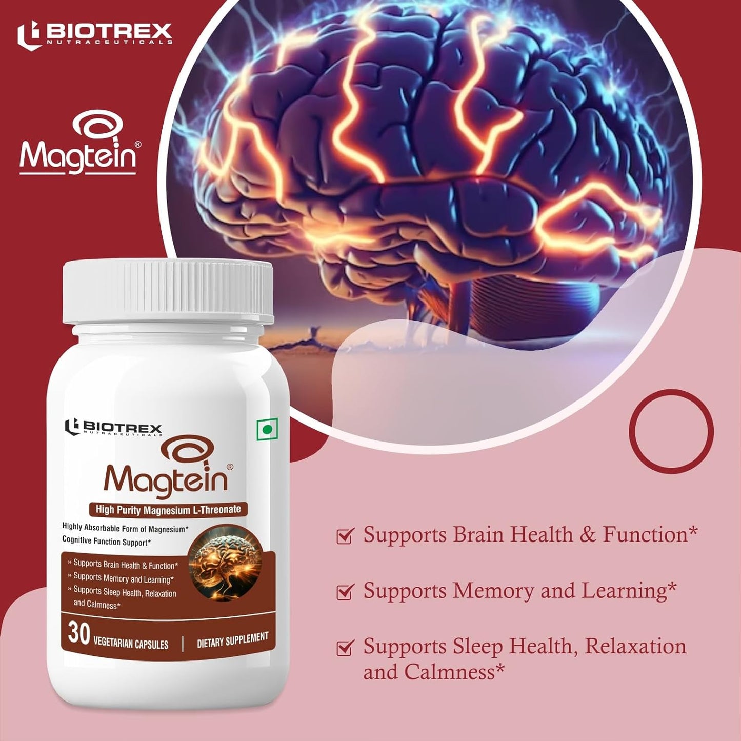Biotrex Nutraceuticals Magtein Magnesium L-Threonate Supplement, Highly Bioavailable Form of Magnesium, Supports Sleep Health And Cognitive Function - 30 Veg Capsules