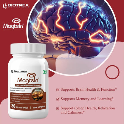 Biotrex Nutraceuticals Magtein Magnesium L-Threonate Supplement, Highly Bioavailable Form of Magnesium, Supports Sleep Health And Cognitive Function - 30 Veg Capsules