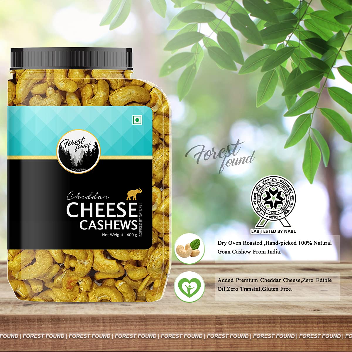 Forest Found Cheese Flavored Roasted Cashews 400g | Creamy Masala Whole Kaju - 100% Oil-Free & Dry | Healthy Non-Fried Crunchy Vegan Snack - Premium Cheese Seasoned ashew Nuts