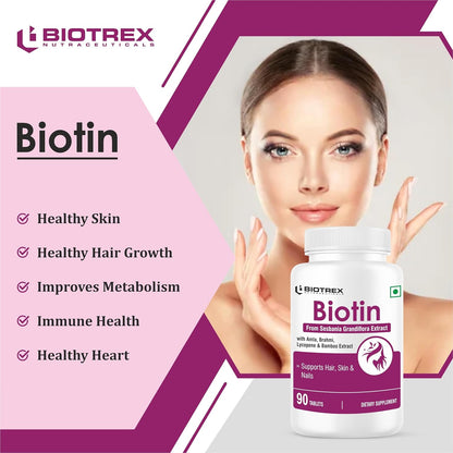 Biotrex Nutraceuticals Biotin Supplement For Hair, Skin & Nails, Enriched With Amla, Brahmi, Lycopene & Bamboo Extract - 90 Tablets
