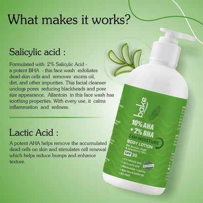 BAKE 10% AHA + 2% BHA Body Lotion SPF 30 PA+++ for Strawberry, Rough & Bumpy Skin | Lactic Acid & Niacinamide | 200ml