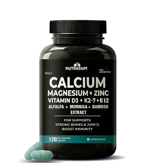 Nutrasium | Calcium & Vitamin D3 Tablets | Calcium Magnesium Zinc D3 & K2 with B12 & Folic Acid | Alfalfa, Moringa & Bamboo Leaves Extract | For Strong Bone & Joint Support | 120 Tablets