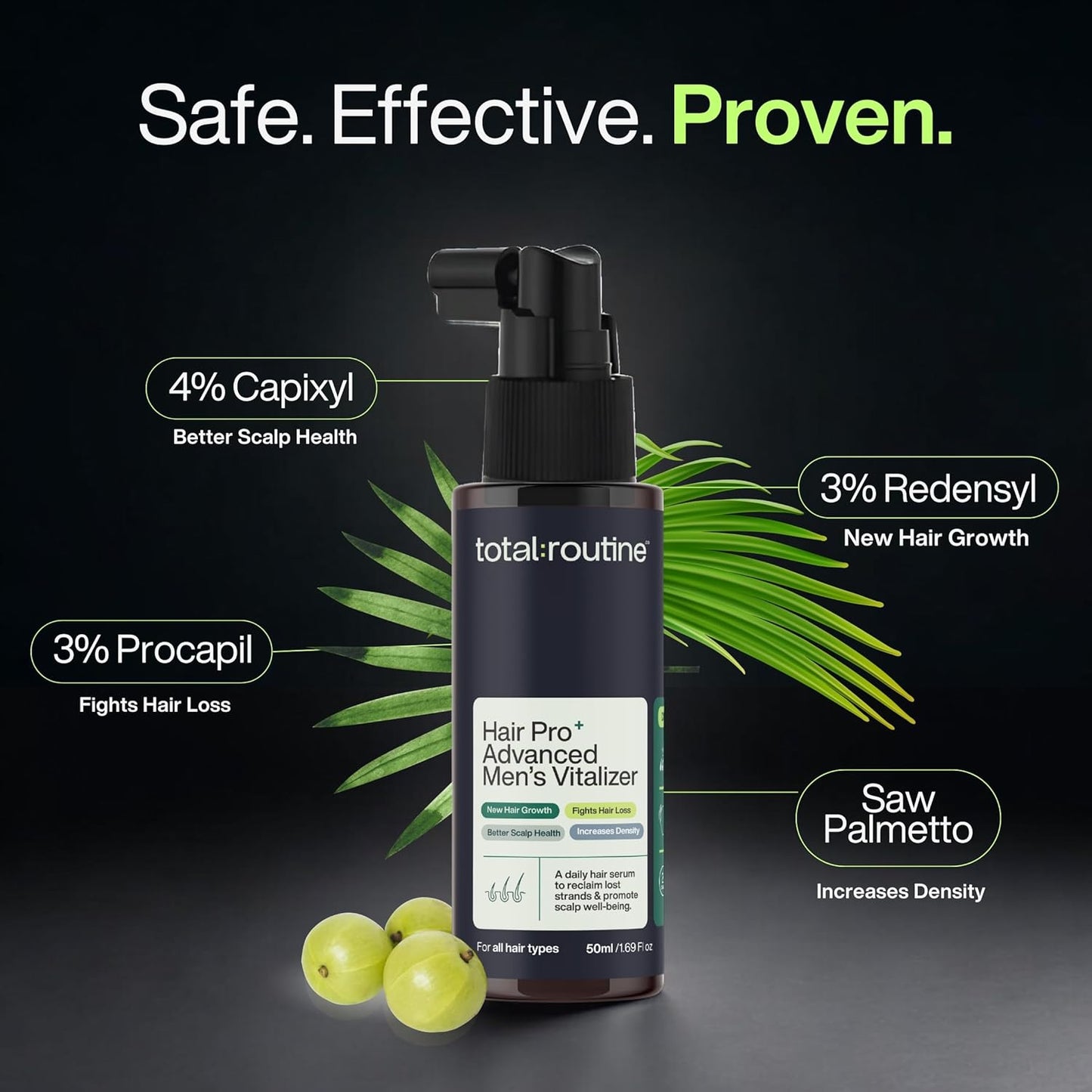 Hair care product bottle with green leaves and text highlighting ingredients on a dark background