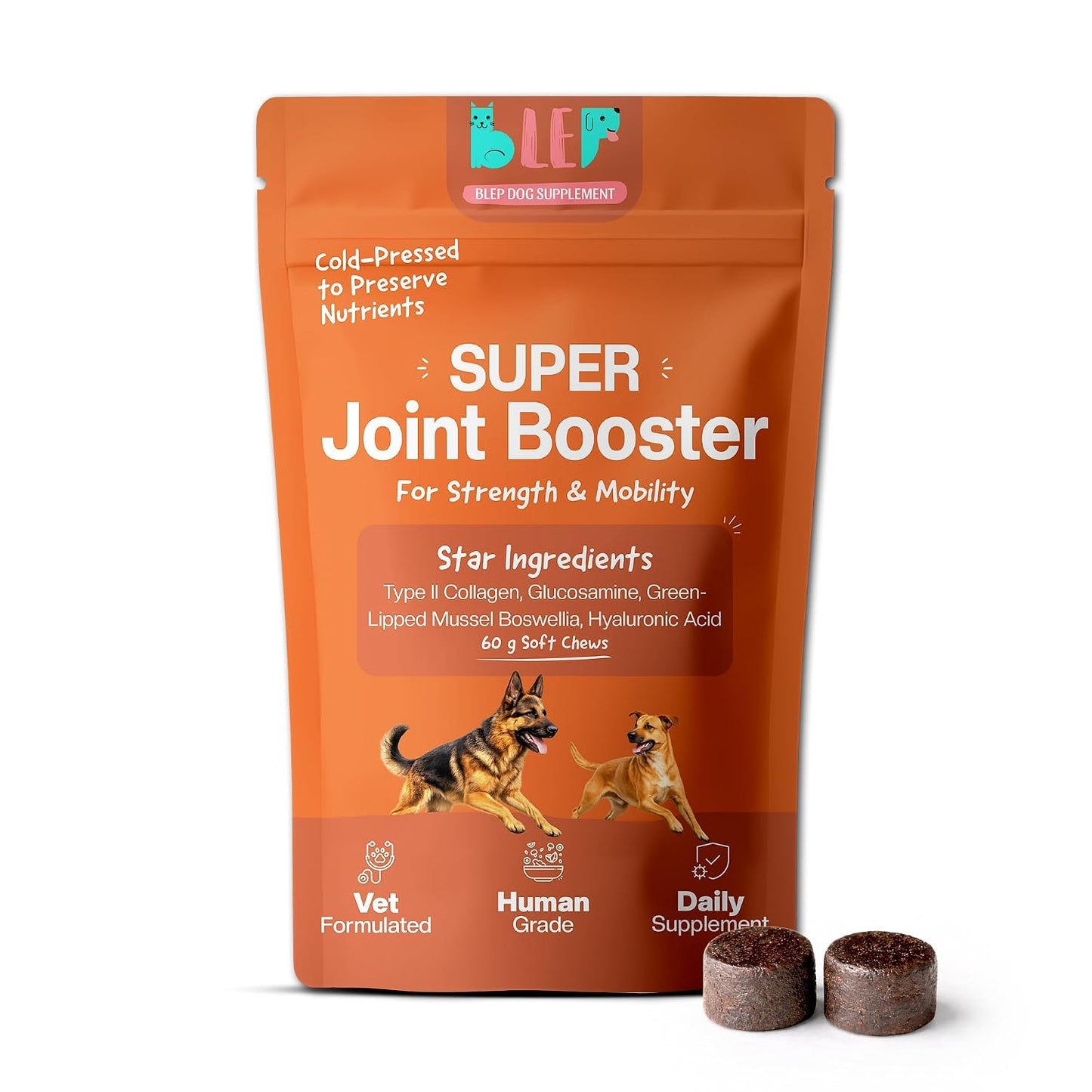 dog joint supplement, dog hip and joint supplement, dog joint chews, glucosamine for dogs, chondroitin for dogs, collagen for dogs, MSM for dogs, green lipped mussel for dogs, dog mobility supplement, dog joint support, dog soft chews, BLEP