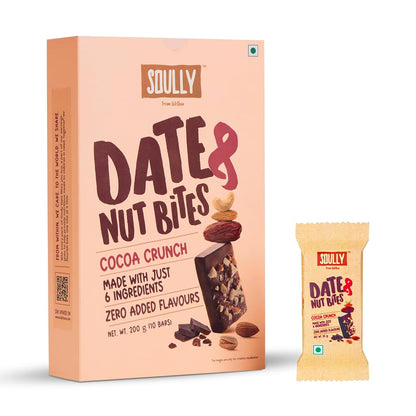 SOULLY Cocoa Crunch Date & Nut Mini Energy Bars 200g (10 Bars x 20g) | Dark Chocolate, Whole Dates, Premium Nuts & Pure Cow Ghee | Just 98 Calories Per Bar | No Refined Sugar Added | No Preservatives | Guilt-Free Dessert Replacement