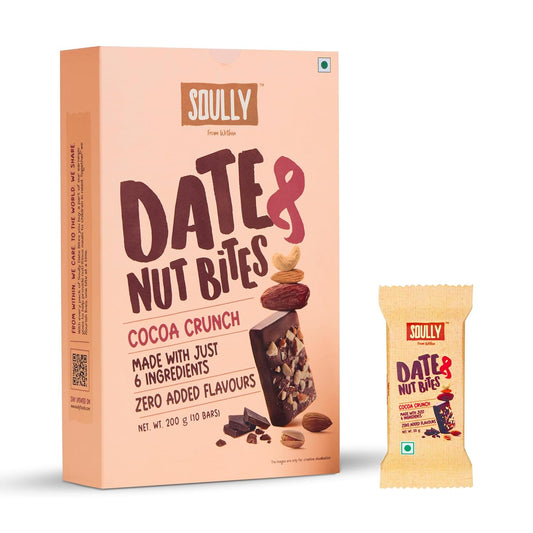 SOULLY Cocoa Crunch Date & Nut Mini Energy Bars 200g (10 Bars x 20g) | Dark Chocolate, Whole Dates, Premium Nuts & Pure Cow Ghee | Just 98 Calories Per Bar | No Refined Sugar Added | No Preservatives | Guilt-Free Dessert Replacement