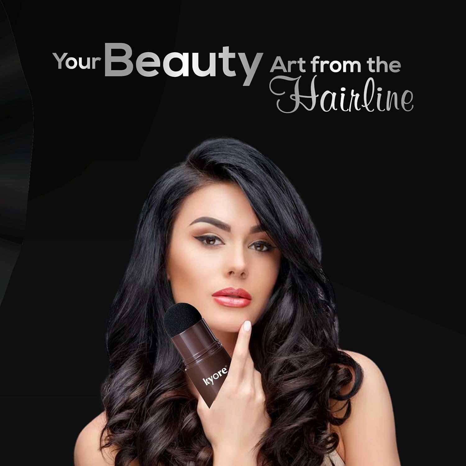 Woman holding a hair product with text 'Your Beauty Art from the Hairline' on a black background