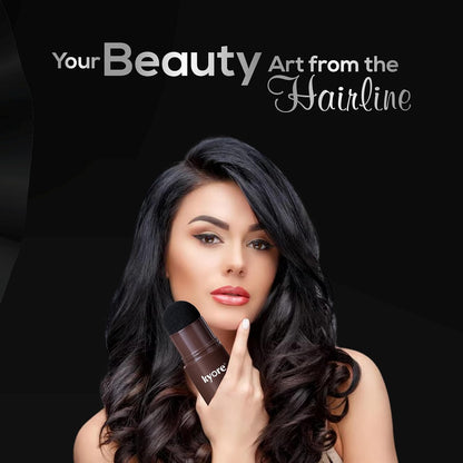 Woman holding a hair product with text 'Your Beauty Art from the Hairline' on a black background