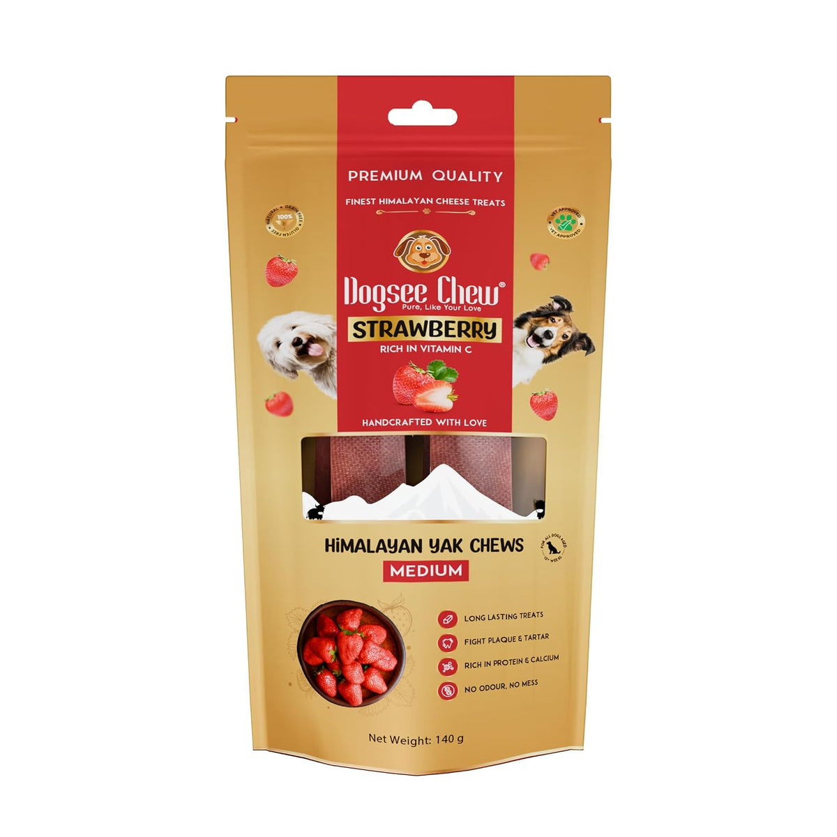 Dogsee Strawberry Infused 100% Natural Yak Chew Bones for Dogs 140 gm (Medium - 2 Chews) Healthy Alternative to Rawhide - High Protein, All Life Stages