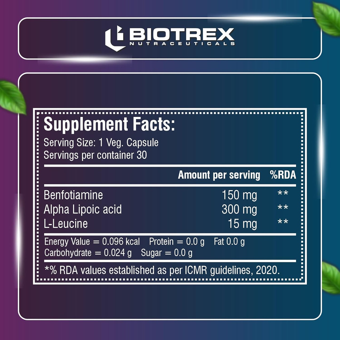 Biotrex Nutraceuticals Benfotiamine 150mg, Alpha Lipoic Acid 300mg With Leucine | Glucose Balance & Metabolic Response | Brain, Heart & Nerve Health | Most Bioavailable Vitamin B1-30 Veg Capsules
