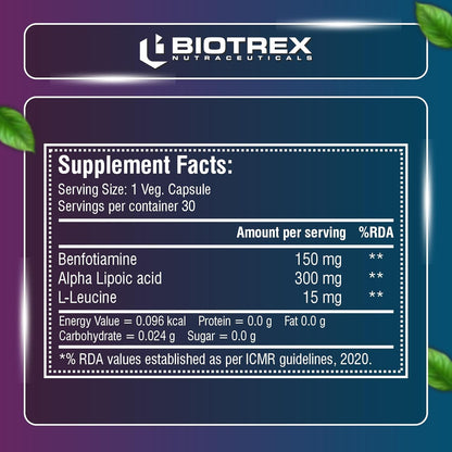 Biotrex Nutraceuticals Benfotiamine 150mg, Alpha Lipoic Acid 300mg With Leucine | Glucose Balance & Metabolic Response | Brain, Heart & Nerve Health | Most Bioavailable Vitamin B1-30 Veg Capsules
