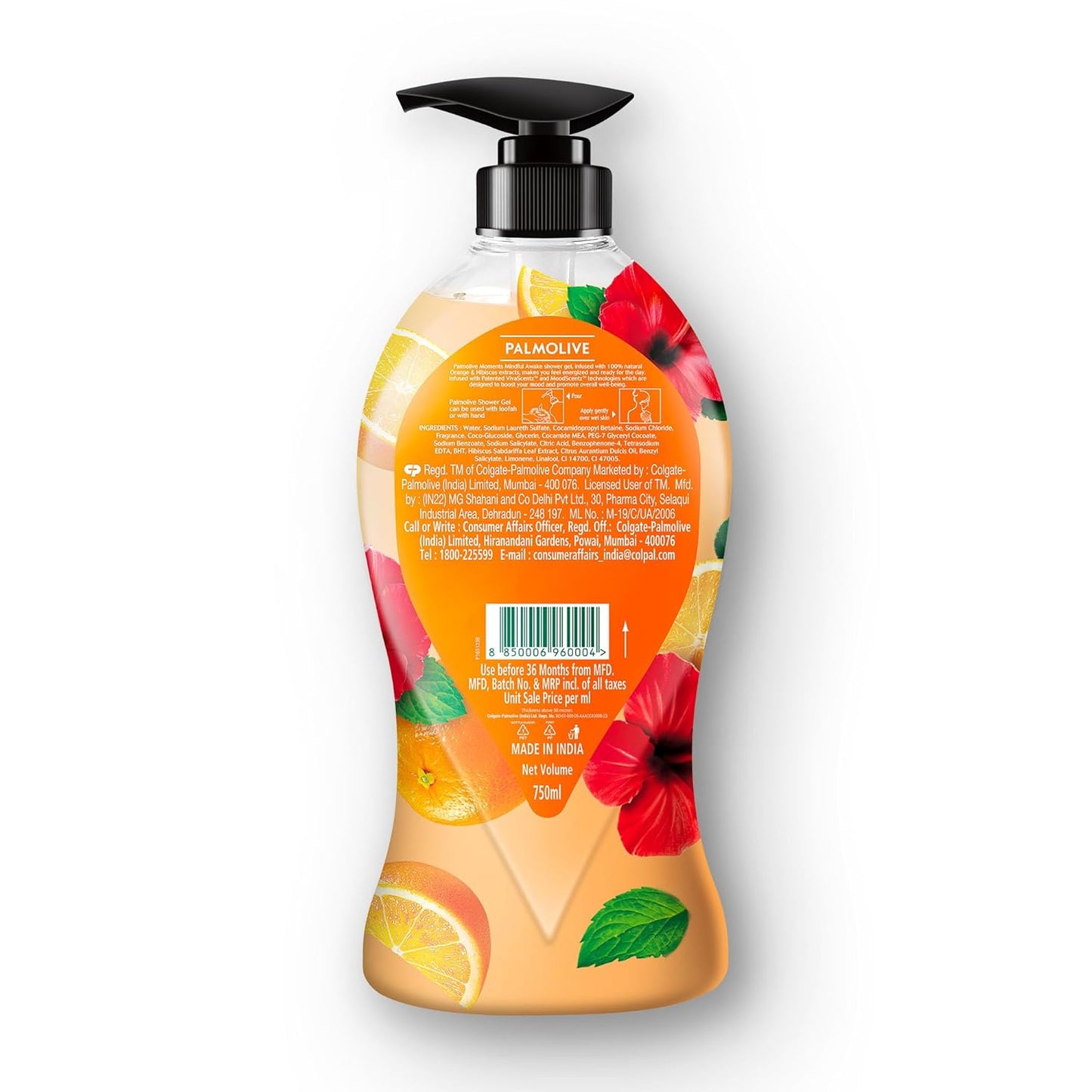 Palmolive Mindful Awake Body Wash, 750ml Shower Gel Single Pump Bottle, 100% Natural Orange & Hibiscus Extracts, pH Balanced Bodywash, Free of Parabens & Silicones